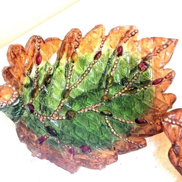 Two Resin Leaf Dishes Translucent Green and Brown 5.5" Long 1.5" Tall - Picture 3 of 7
